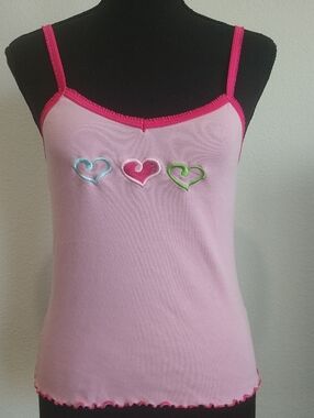 No Boundaries Pink Cami with Blue, Hot Pink & Green Heart Embroidery